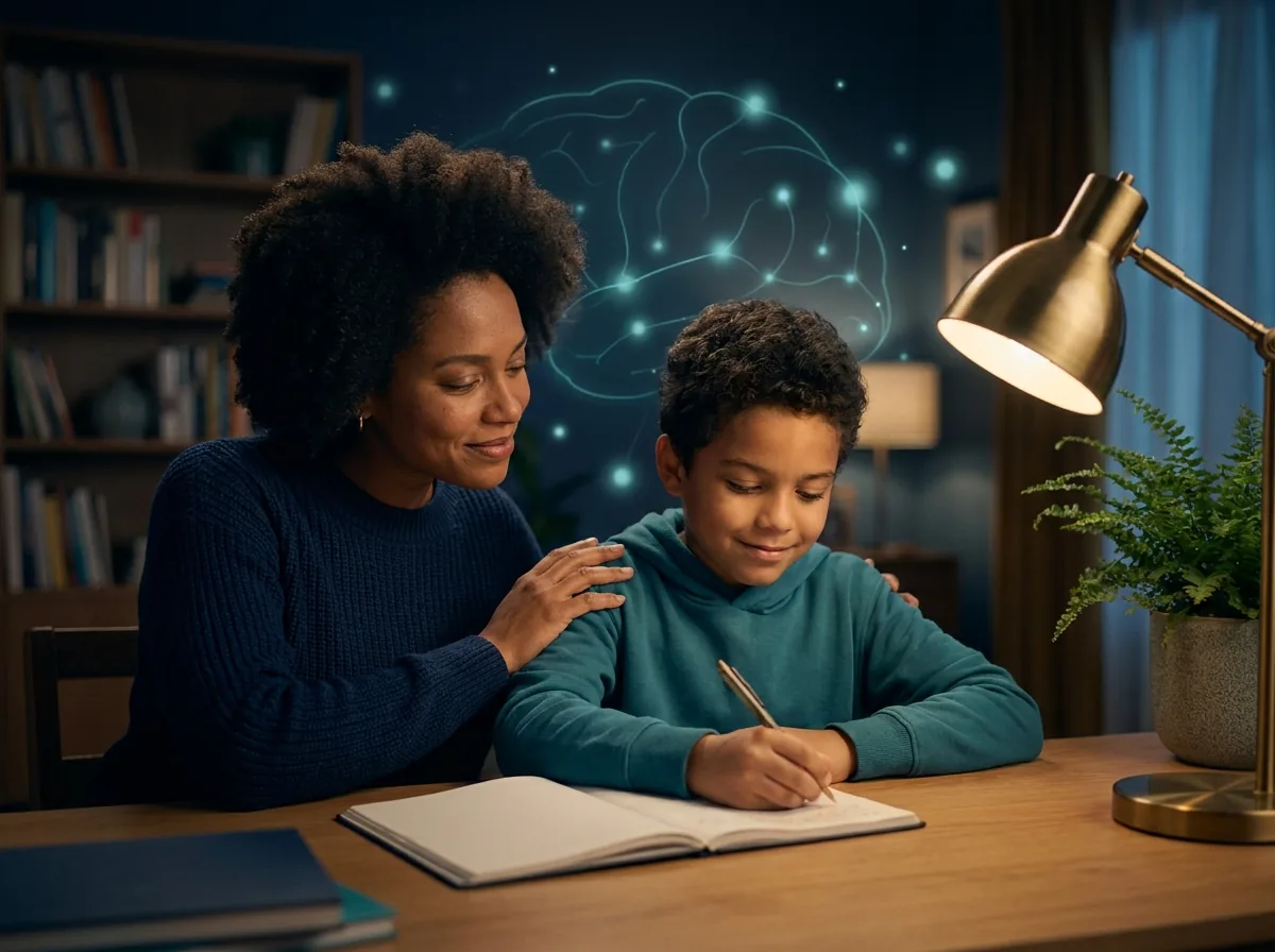 Mãe e filho estudando, focados